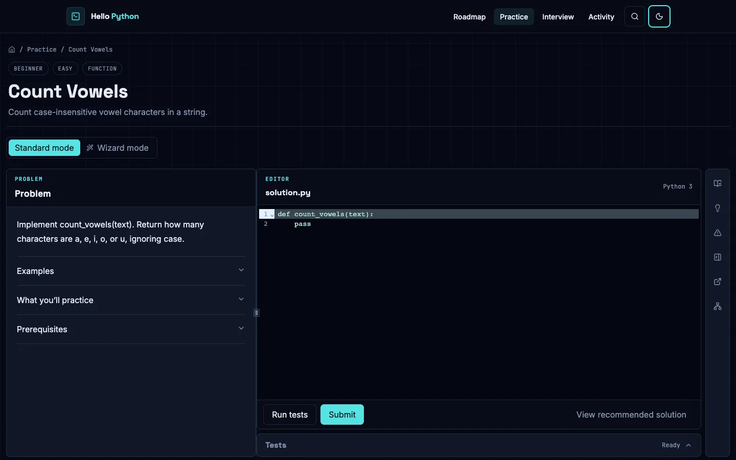 Hello Python Practice workspace in the dark theme, showing a Python editor, test actions, and passing results.