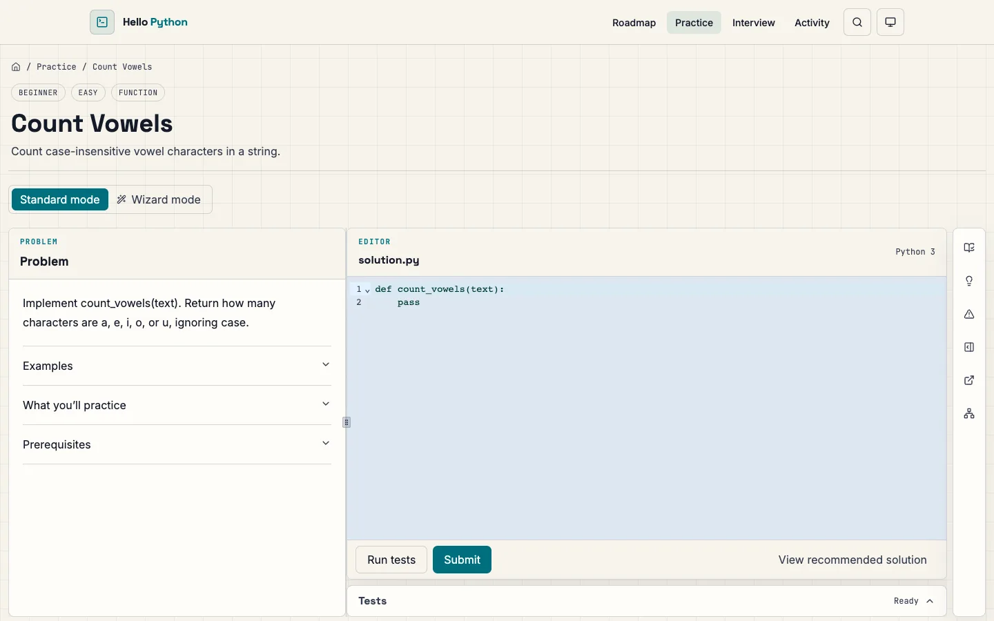 Hello Python Practice workspace in the light theme, showing a Python editor, test actions, and passing results.